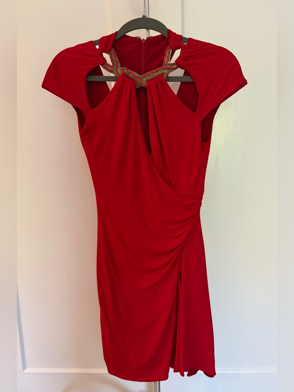 Badgley Mischka Red Evening Dress with Embellished Neckline